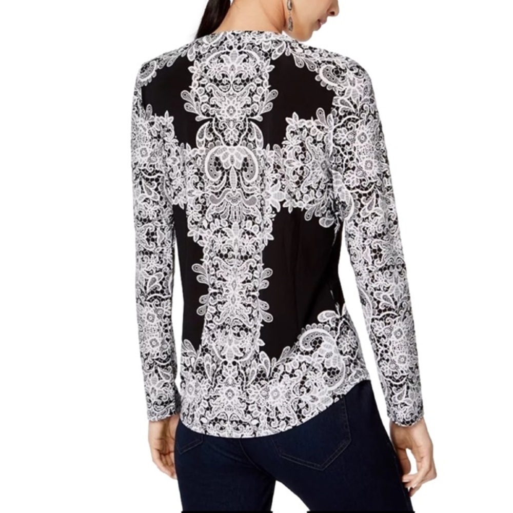 INC INTERNATIONAL CONCEPTS Top Long Sleeve Lace Print Black White Women 1X - Picture 4 of 13